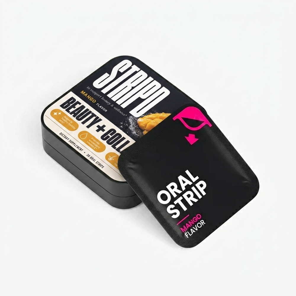 STRIPD Beauty + Collagen mango oral strips lifestyle shot with matte black pocket tin