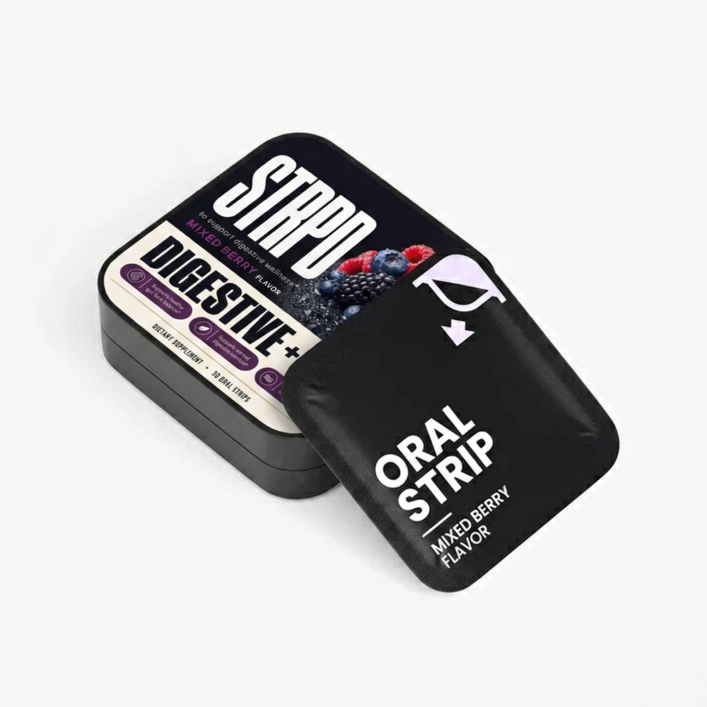 STRIPD Plus Digestion mixed berry oral strips lifestyle shot with matte black pocket tin