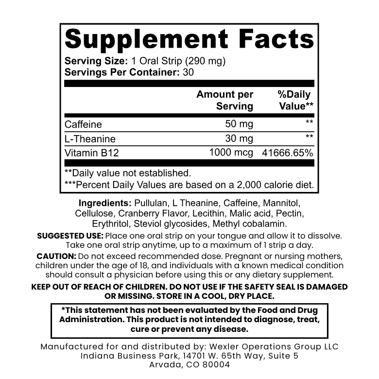 STRIPD Energy Supplement Facts panel
