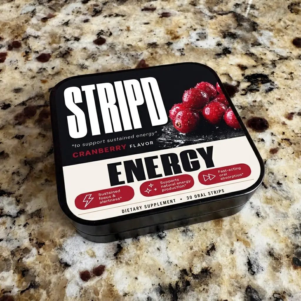 STRIPD Energy tin on a kitchen counter